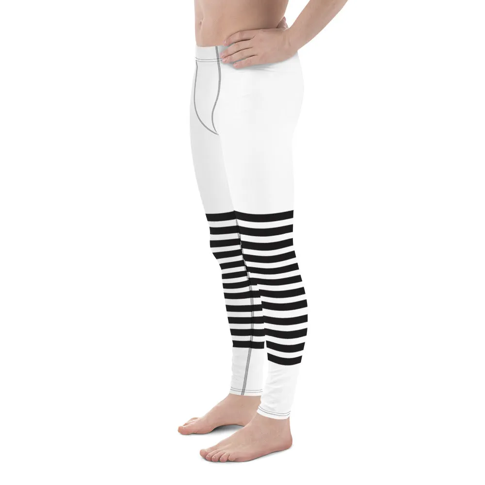 White Black Striped Meggings, Horizontally Striped White and Black Men's Leggings For Men - Made in USA/EU/MX