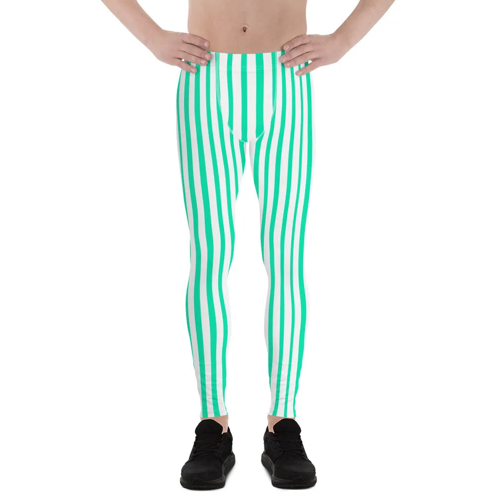 White Blue Striped Men's Leggings, Colorful Best Circus Stripes Meggings-Made in USA/EU