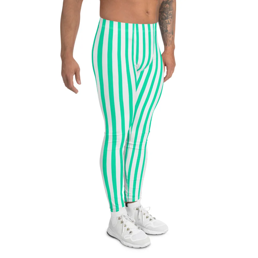 White Blue Striped Men's Leggings, Colorful Best Circus Stripes Meggings-Made in USA/EU