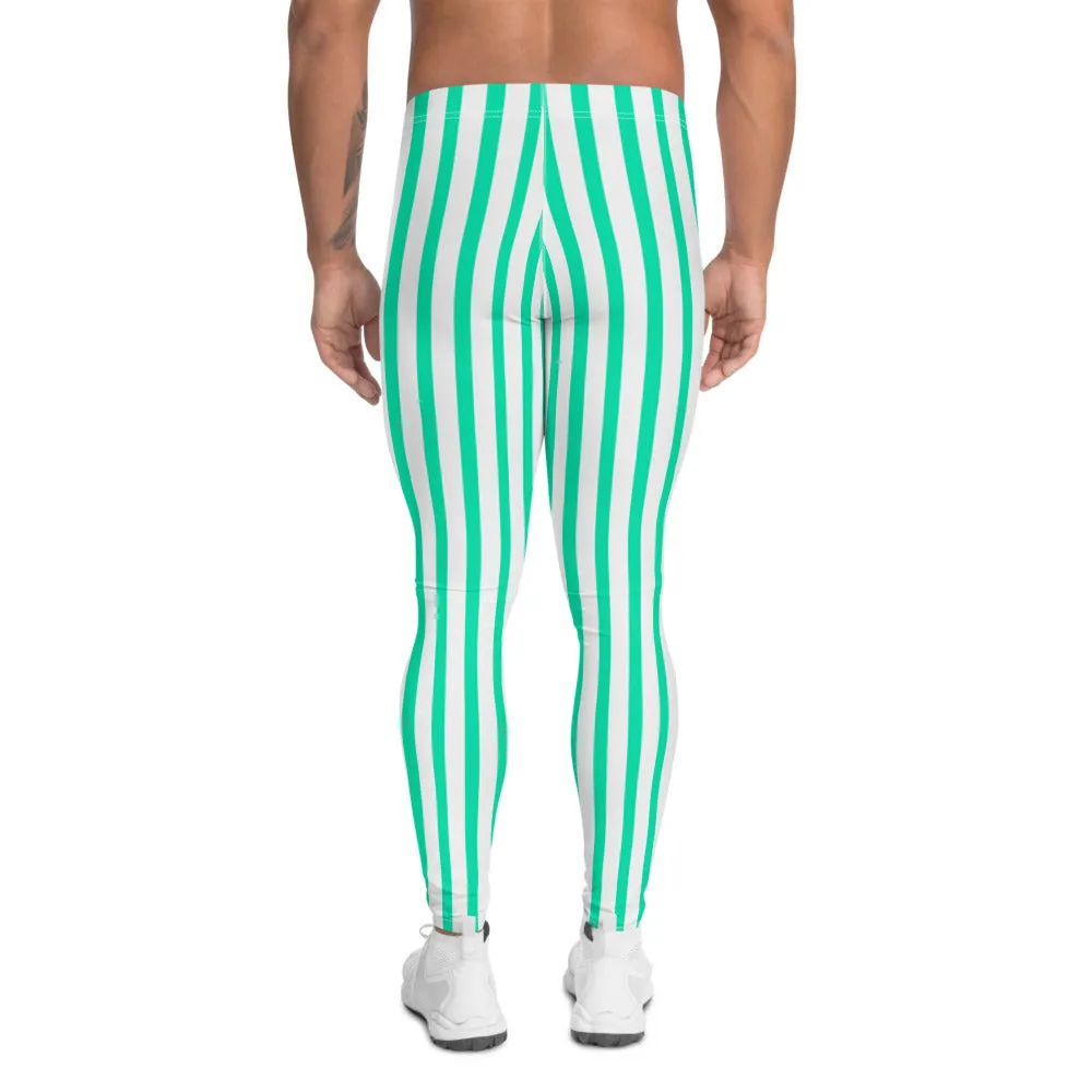 White Blue Striped Men's Leggings, Colorful Best Circus Stripes Meggings-Made in USA/EU