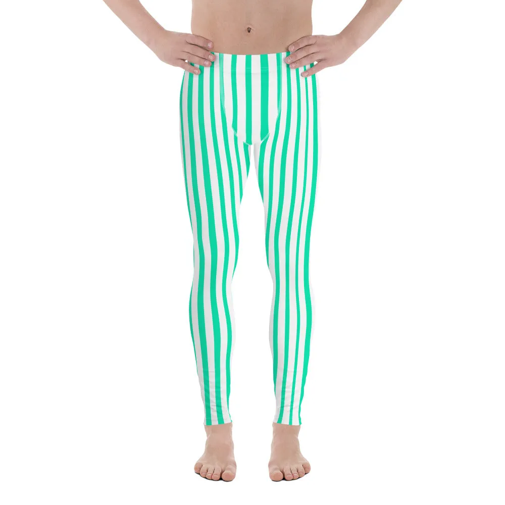 White Blue Striped Men's Leggings, Colorful Best Circus Stripes Meggings-Made in USA/EU