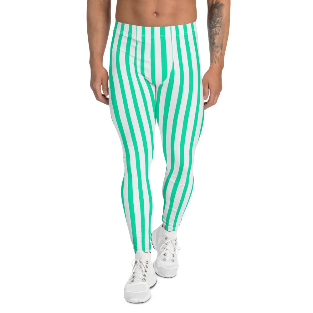 White Blue Striped Men's Leggings, Colorful Best Circus Stripes Meggings-Made in USA/EU