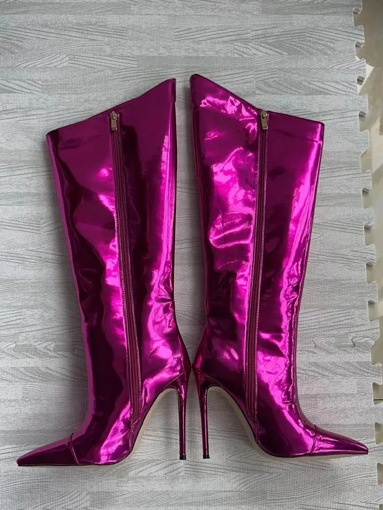 Wjczt Thigh High Boots Candy Color Mirror Leather Women Knee High Boots High Heels Stilettos Runway Shoes for Women High Heel Boots