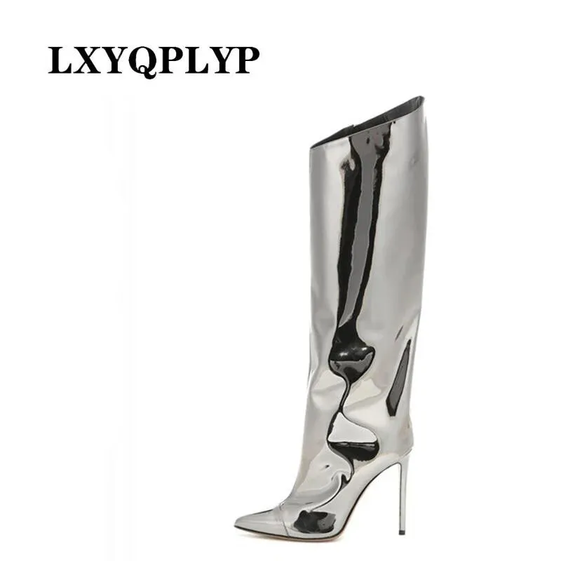 Wjczt Thigh High Boots Candy Color Mirror Leather Women Knee High Boots High Heels Stilettos Runway Shoes for Women High Heel Boots