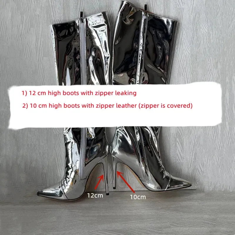 Wjczt Thigh High Boots Candy Color Mirror Leather Women Knee High Boots High Heels Stilettos Runway Shoes for Women High Heel Boots