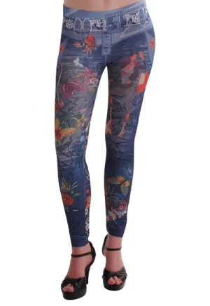 Womens Designer Graphic Printed Full Length Elasticated Stretch Pants Trouser Jegging Ladies Leggings One Size