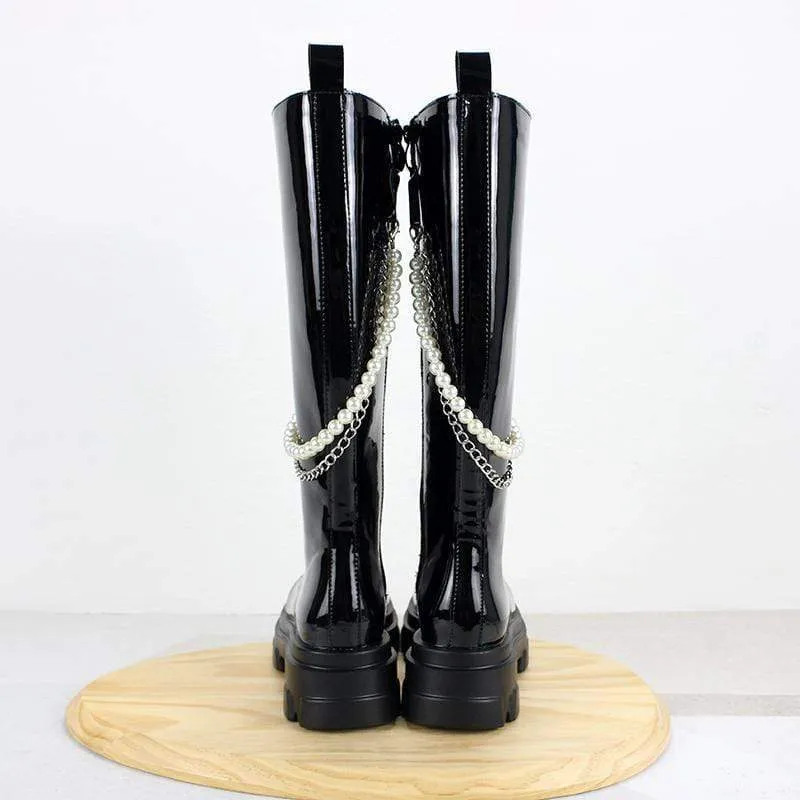 Women's Gothic Punk Thigh High Boots with Pearl Chain