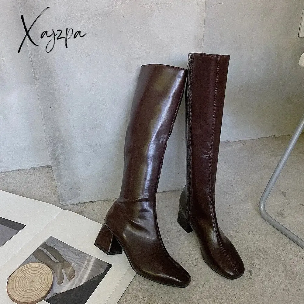 Xajzpa - Women Long Boots Woman Knee High Booties Ladies Shoes Platform Square Heel PU Leather Soft Zipper Woman Fashion Autumn