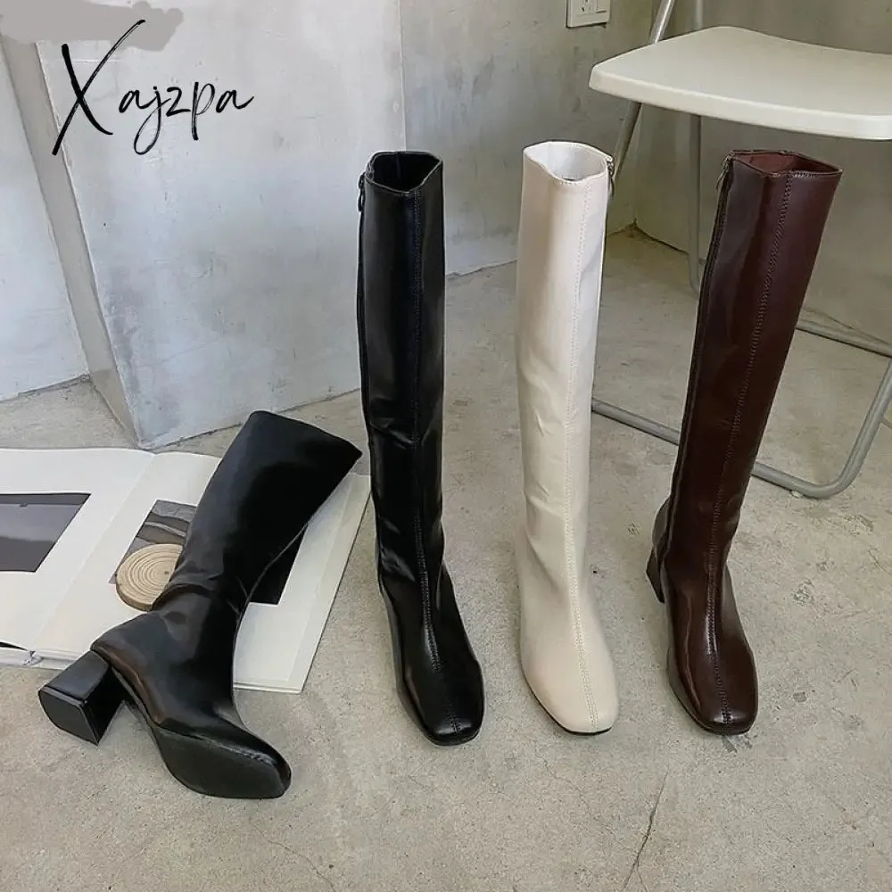 Xajzpa - Women Long Boots Woman Knee High Booties Ladies Shoes Platform Square Heel PU Leather Soft Zipper Woman Fashion Autumn