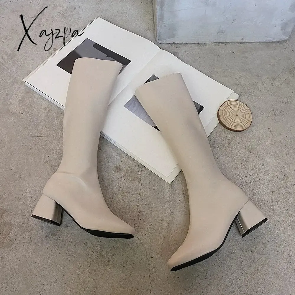 Xajzpa - Women Long Boots Woman Knee High Booties Ladies Shoes Platform Square Heel PU Leather Soft Zipper Woman Fashion Autumn