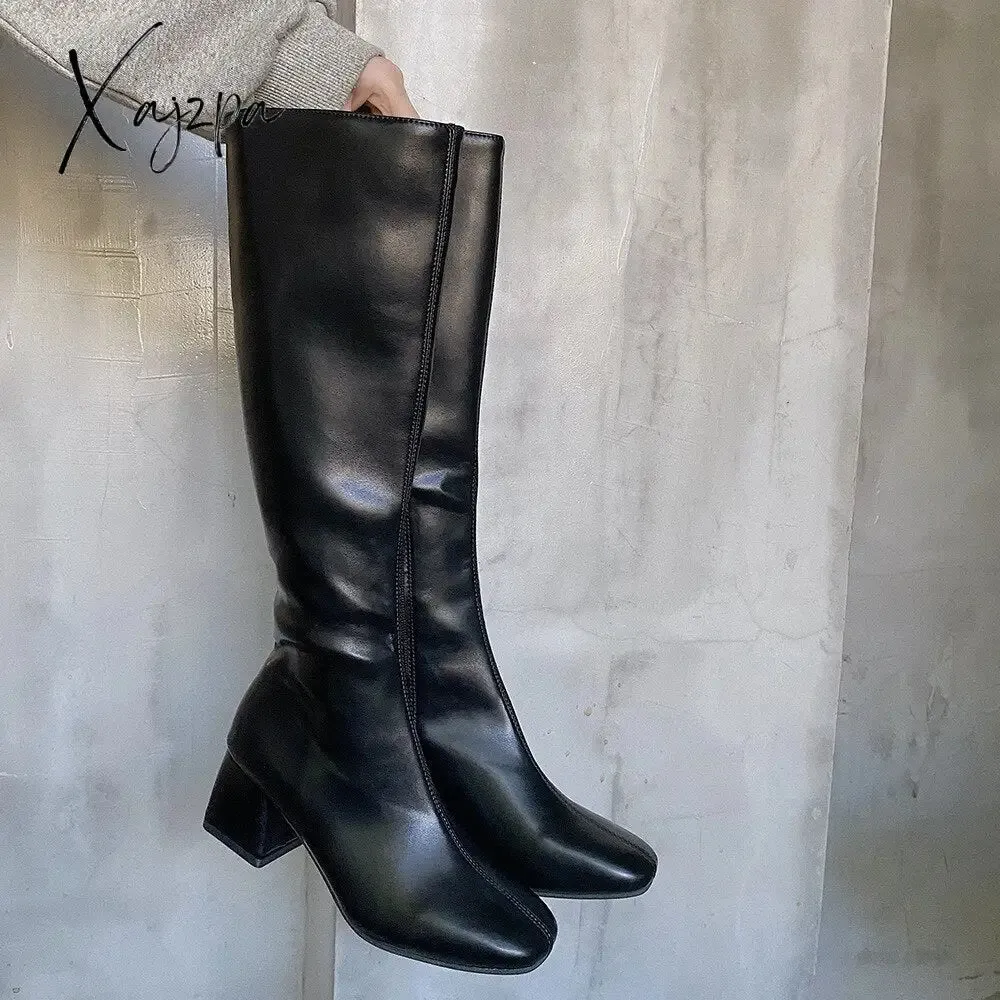 Xajzpa - Women Long Boots Woman Knee High Booties Ladies Shoes Platform Square Heel PU Leather Soft Zipper Woman Fashion Autumn