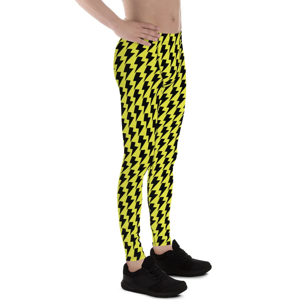 Yellow Lightning Best Men's Leggings, Lightning Pattern Abstract Designer Running Compression Tights For Men - Made in USA/EU/MX