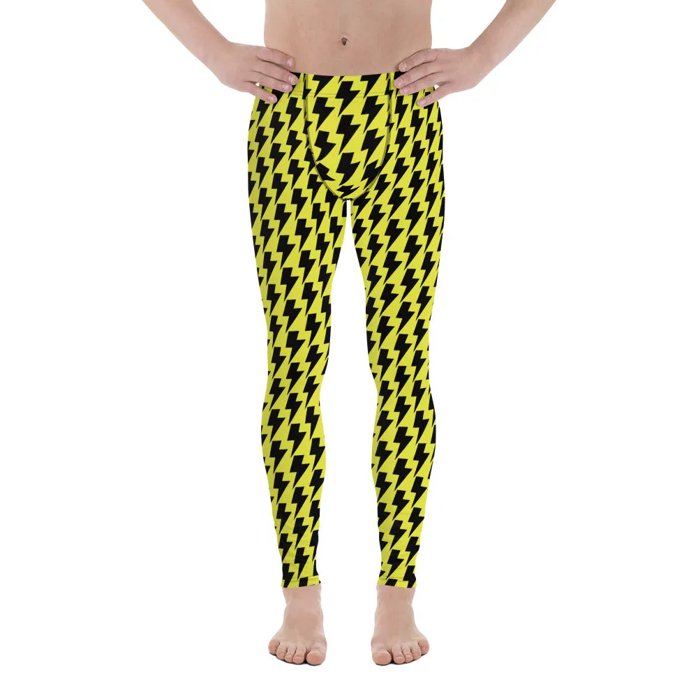 Yellow Lightning Best Men's Leggings, Lightning Pattern Abstract Designer Running Compression Tights For Men - Made in USA/EU/MX