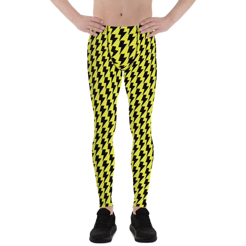 Yellow Lightning Best Men's Leggings, Lightning Pattern Abstract Designer Running Compression Tights For Men - Made in USA/EU/MX