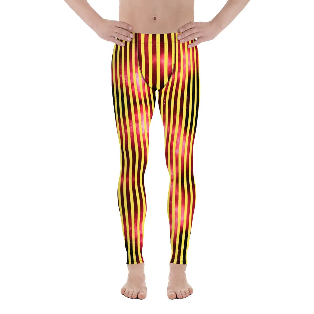 Yellow Red Striped Men's Leggings, Vertical Striped Meggings Compression Tights For Men- Made in USA/EU/MX