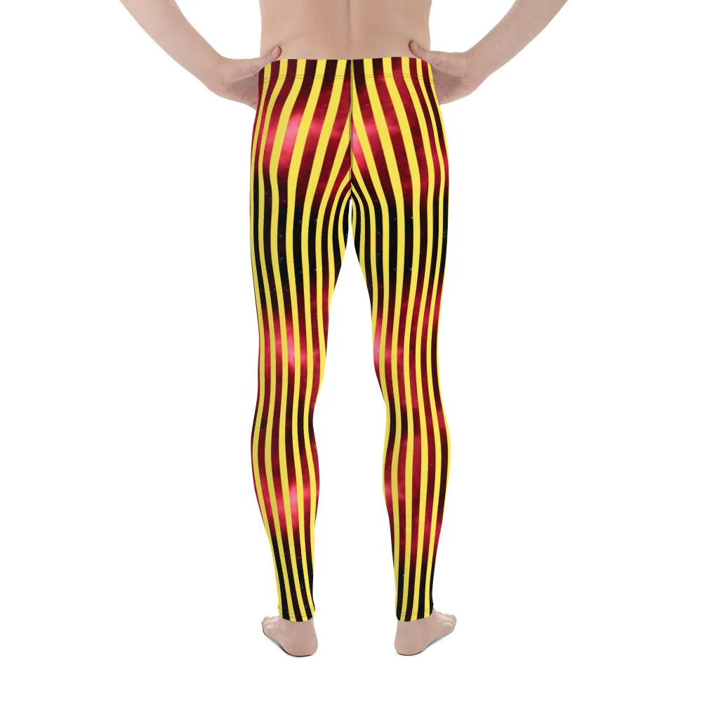 Yellow Red Striped Men's Leggings, Vertical Striped Meggings Compression Tights For Men- Made in USA/EU/MX