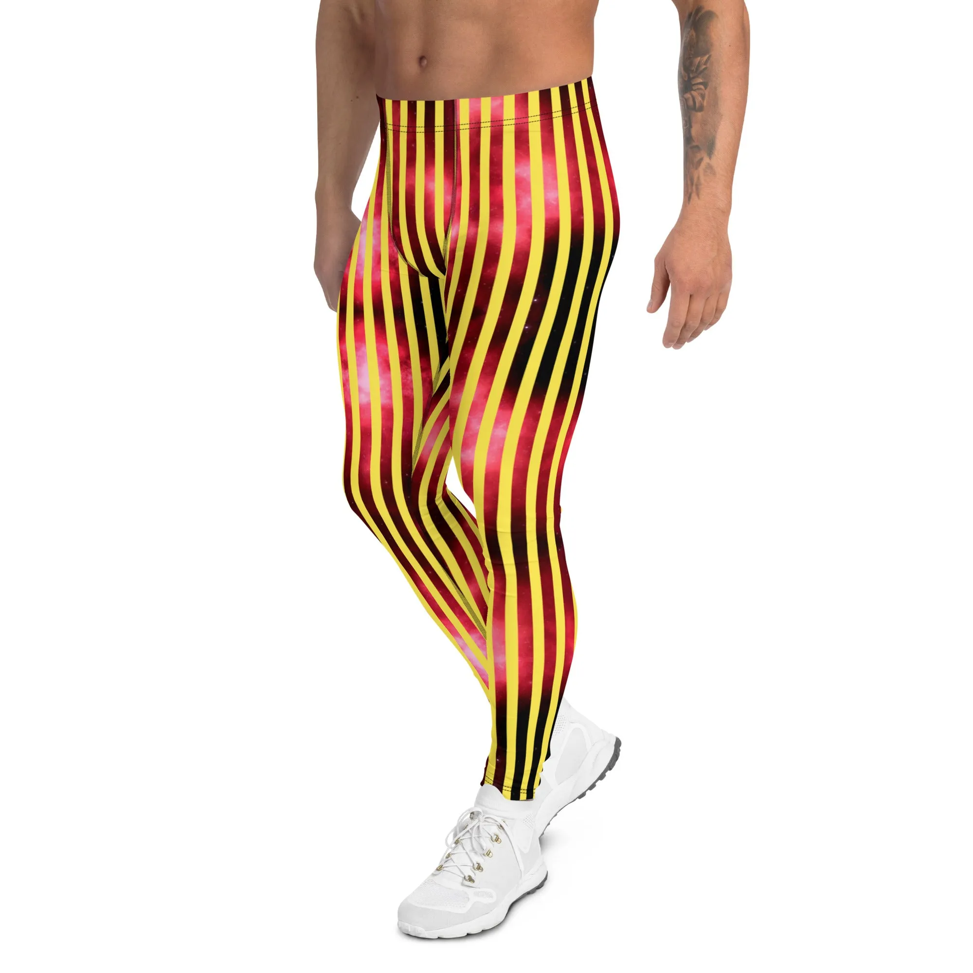 Yellow Red Striped Men's Leggings, Vertical Striped Meggings Compression Tights For Men- Made in USA/EU/MX