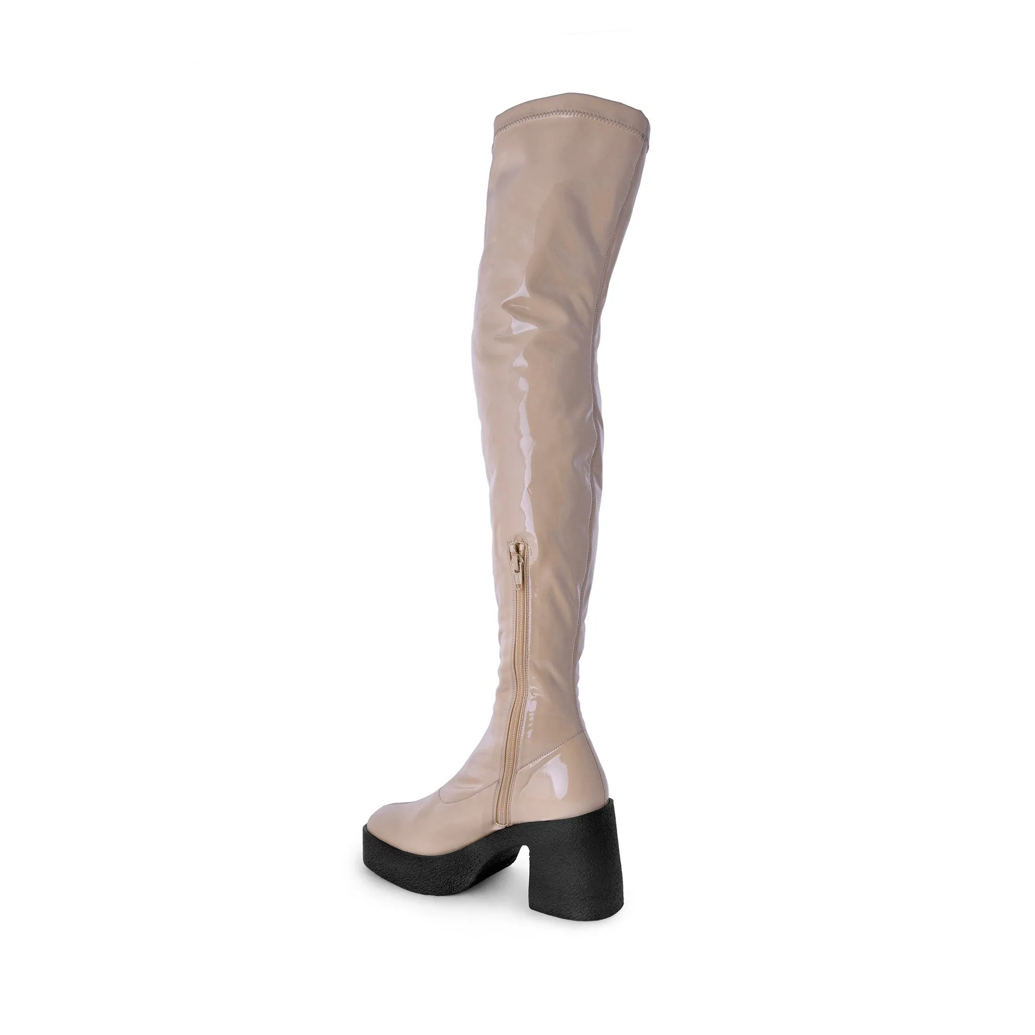 Yoshi Beige Thigh-High Stretch Patent Boots