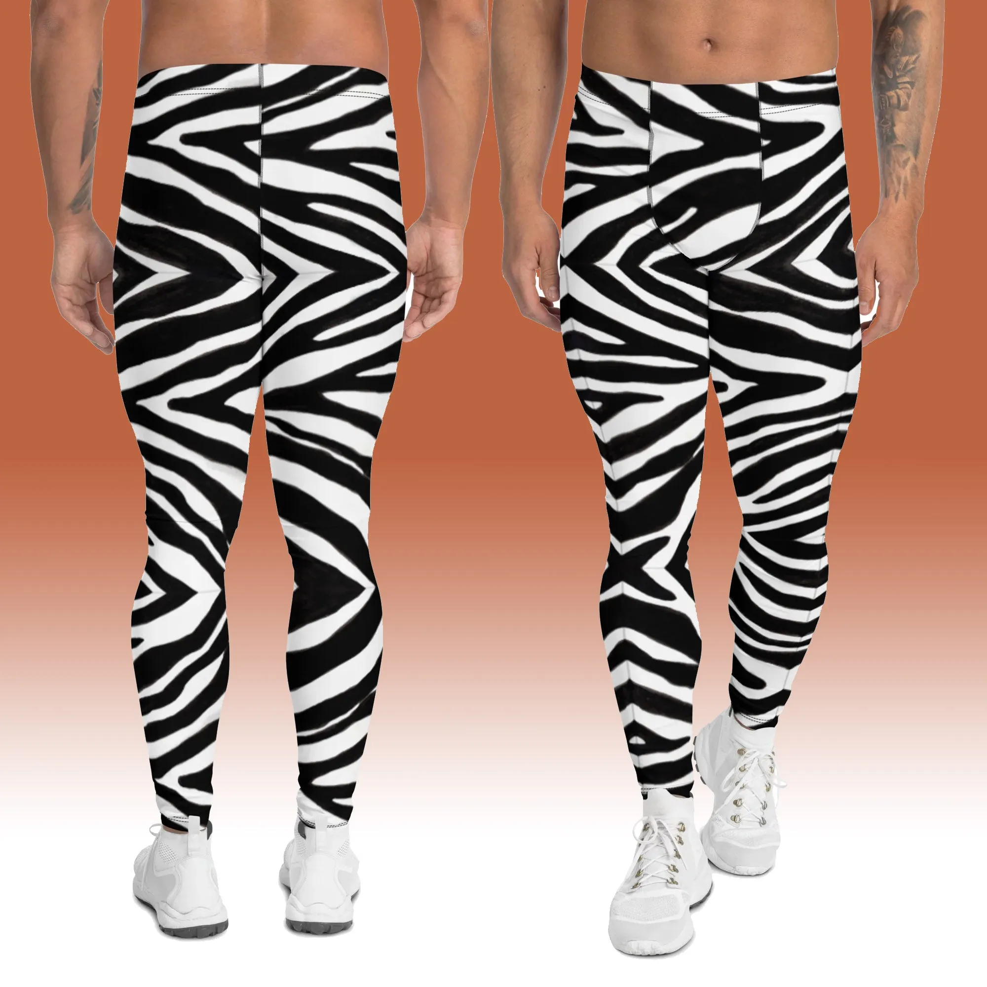 Zebra Print Best Men's Leggings, Zebra Striped Animal Print Designer Meggings Compression Tights For Men- Made in USA/EU